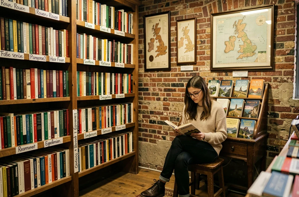 Intérieur intime de l'ABC Bookshop à Rouen avec une jeune femme lisant près de rayonnages de livres anglophones dans une ambiance chaleureuse
