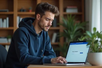Jeune homme frustré face à une page d'accès bloqué sur son ordinateur portable à domicile