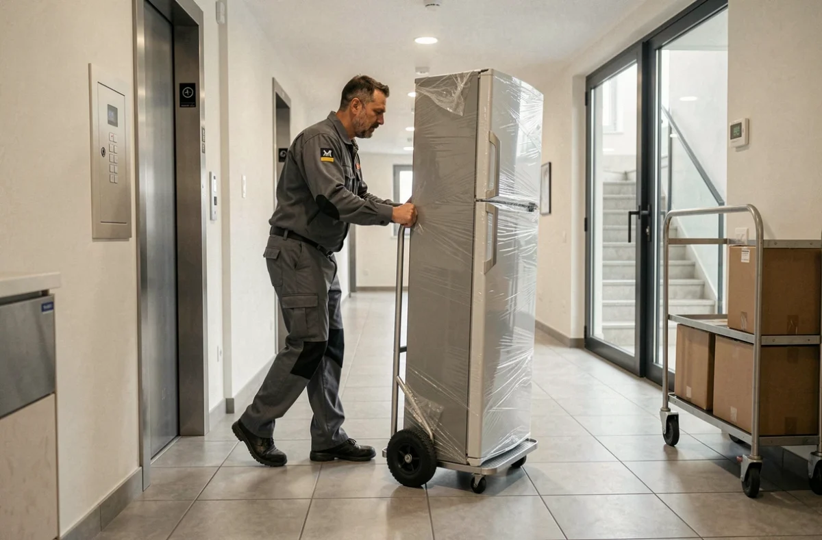 Déménageur d'ADL Déménagements transportant un réfrigérateur emballé dans le couloir d'un immeuble résidentiel moderne
