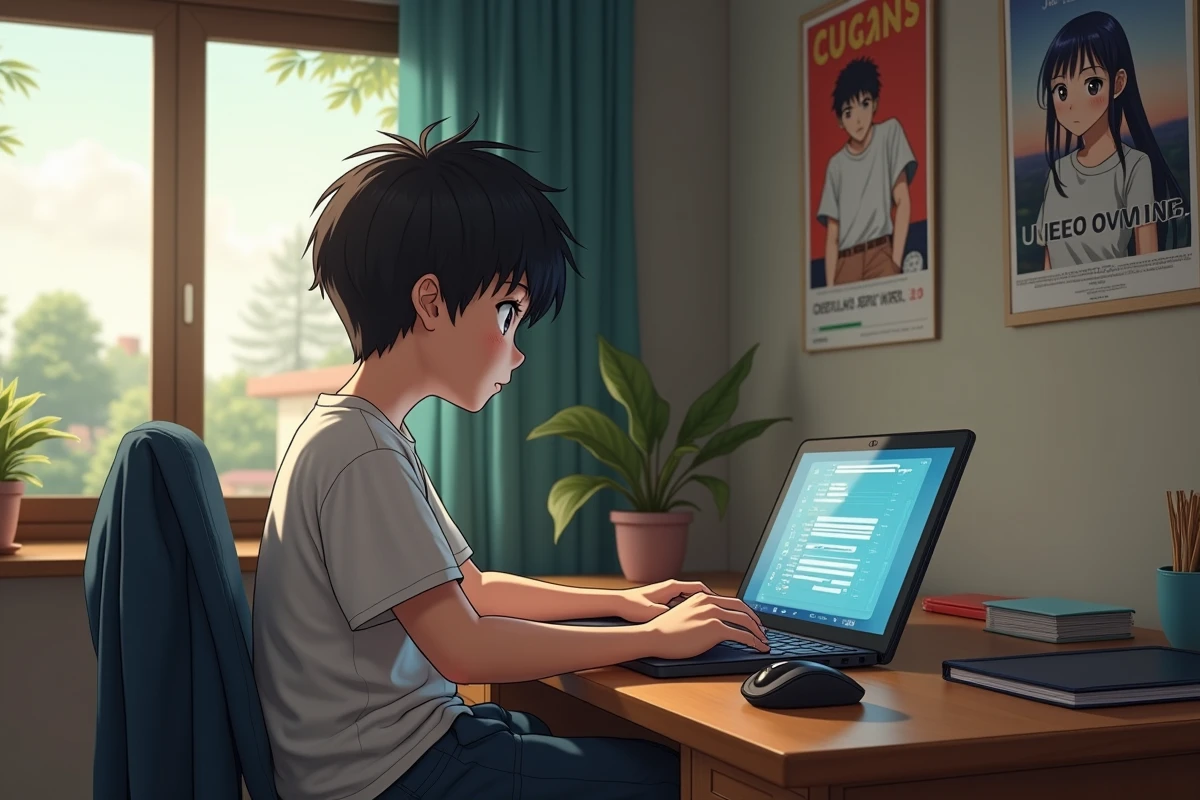 Adolescent regardant manga sur son ordinateur portable