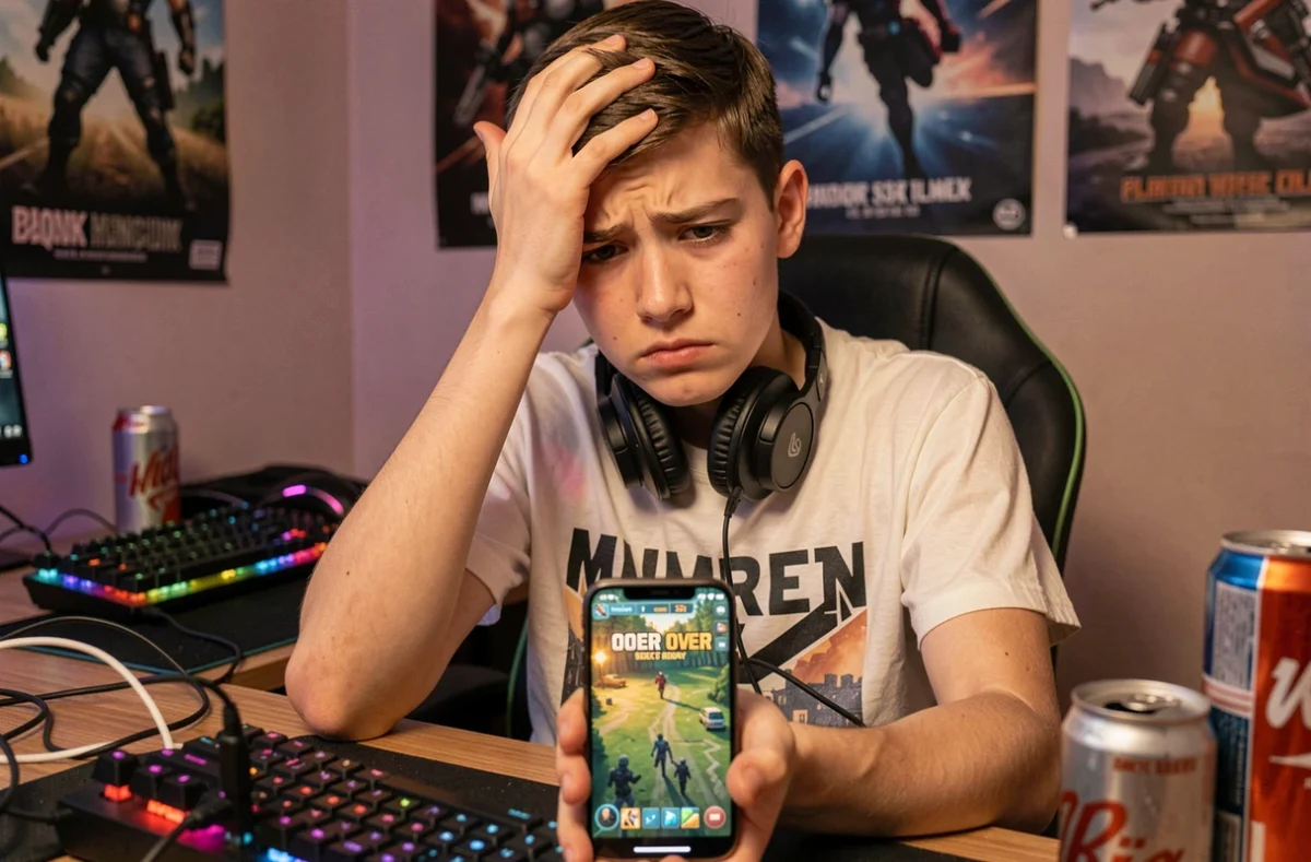 Adolescent déçu après une partie ratée sur Clash Royale à cause d'erreurs de deck dans sa chambre gaming