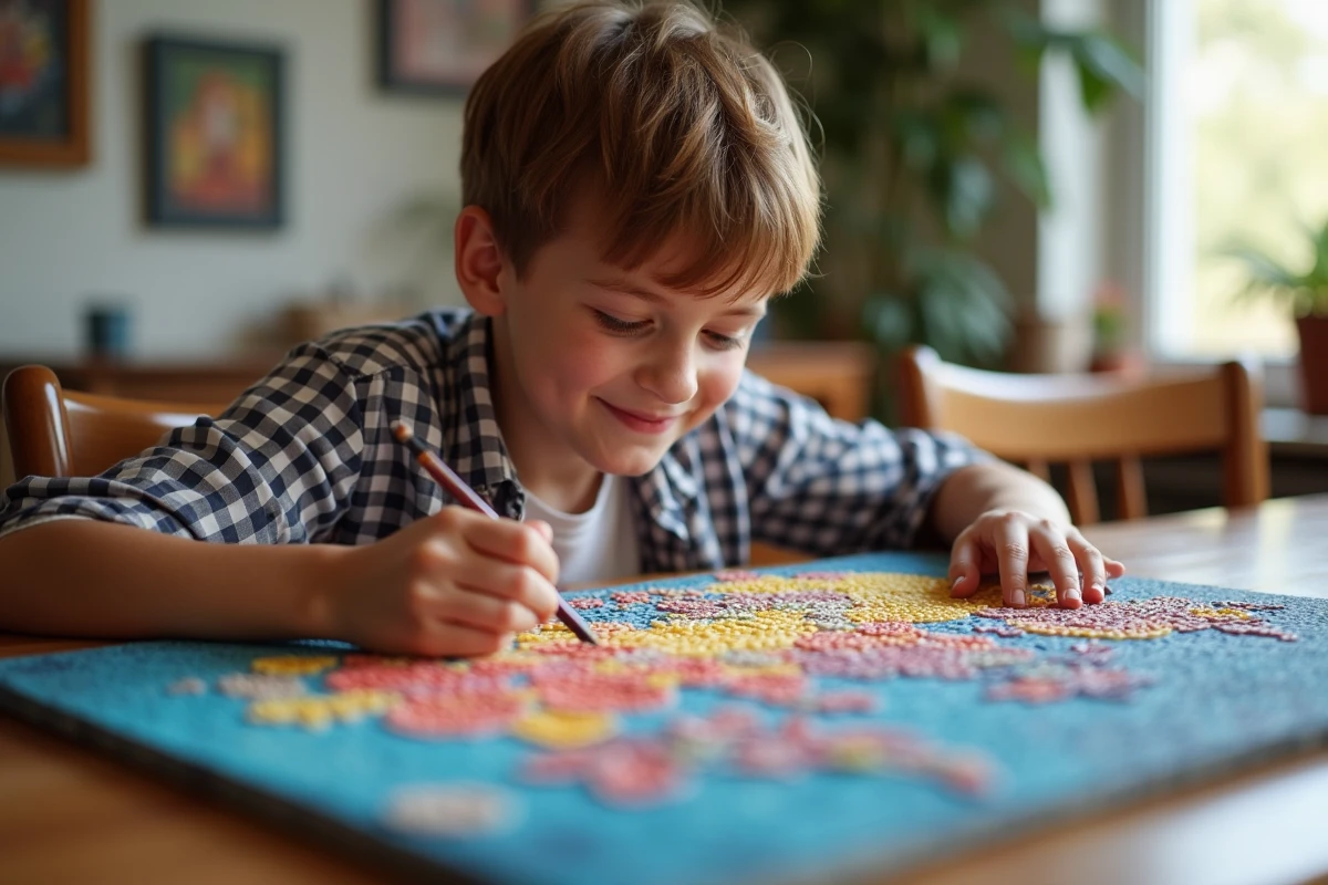 Adolescent concentré travaillant sur une peinture diamant colorée
