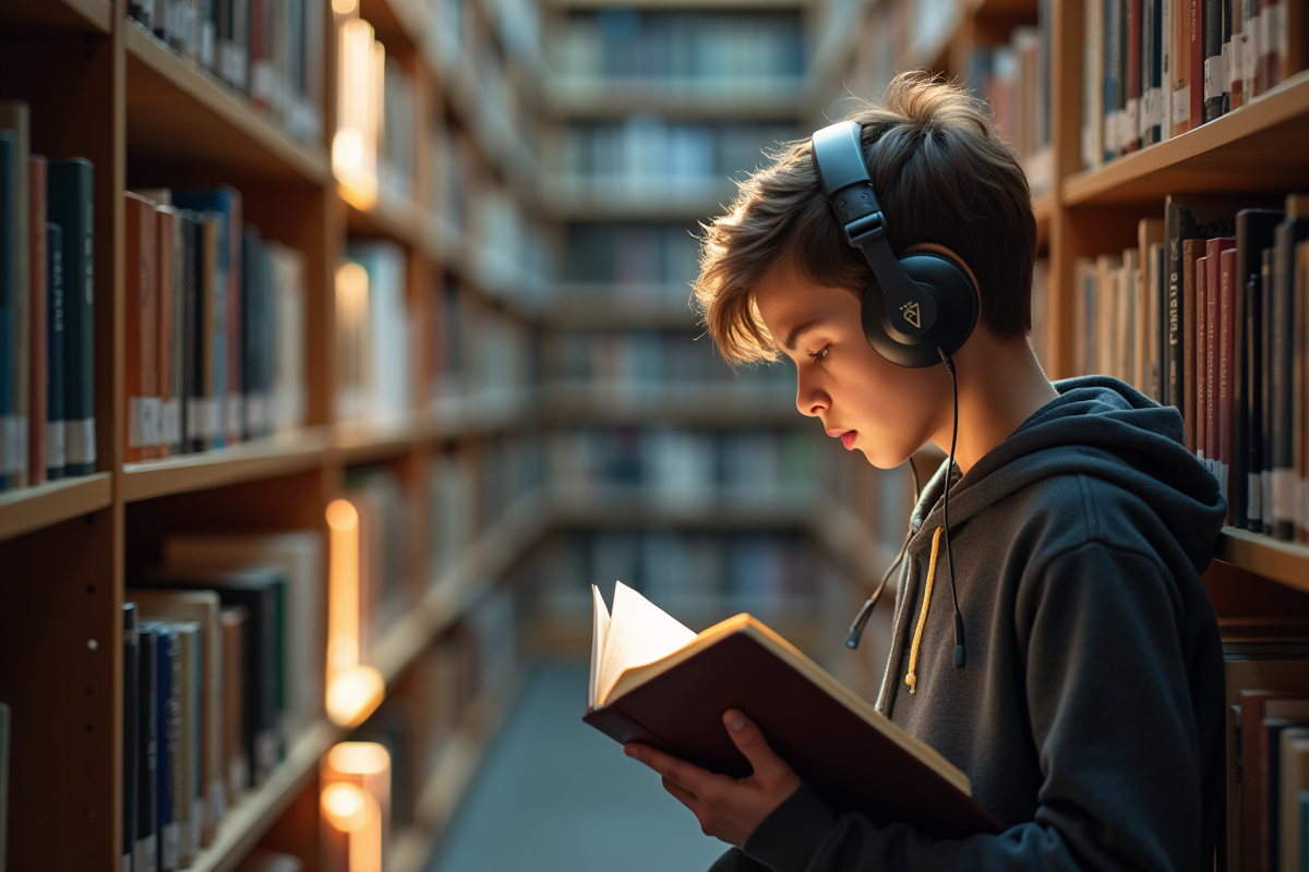 Adolescent étudiant en bibliothèque avec casque et livre