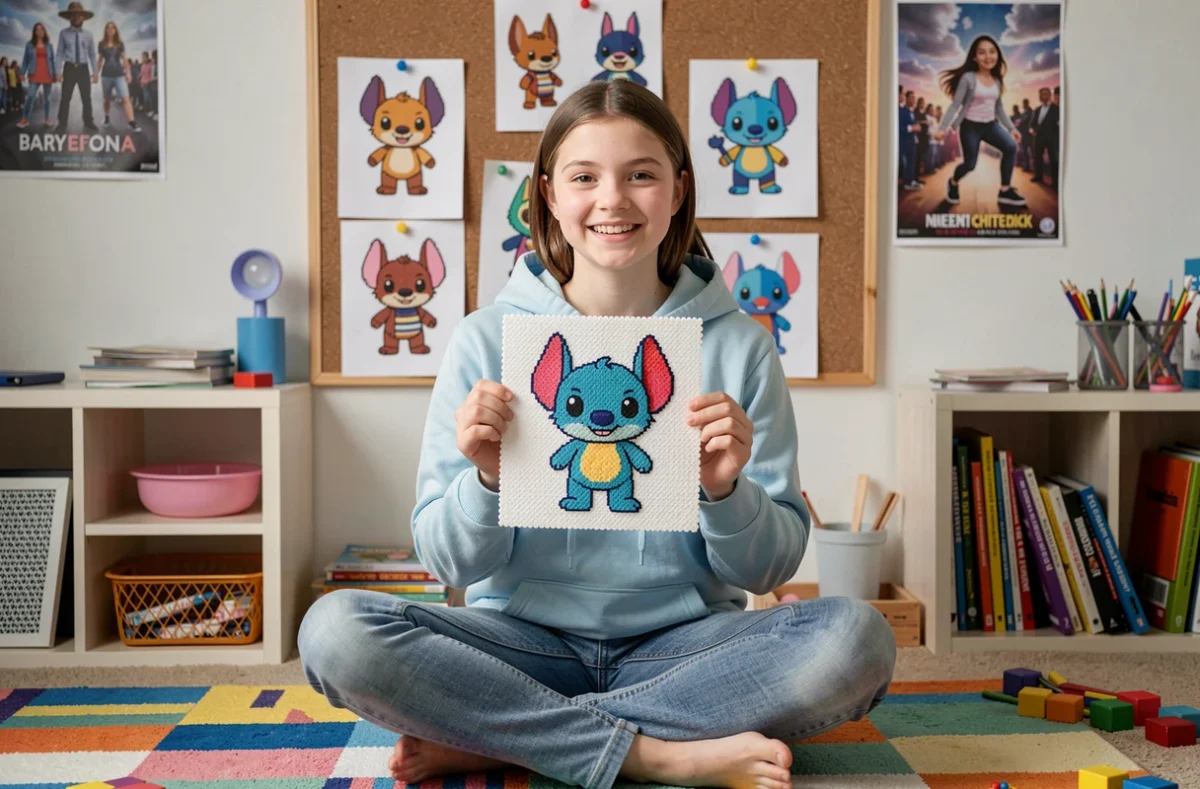 Adolescente présentant fièrement un modèle perles à repasser Stitch terminé dans sa chambre décorée de créations artisanales colorées
