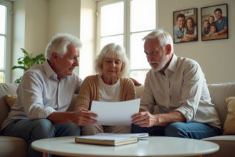 Agent immobilier et couple âgé examinant des documents dans un salon lumineux