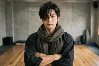 Professeur d'arts martiaux japonais au regard intense portant une longue écharpe noire dans un dojo traditionnel, illustrant le personnage Aizawa de My Hero Academia