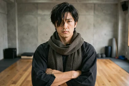 Professeur d'arts martiaux japonais au regard intense portant une longue écharpe noire dans un dojo traditionnel, illustrant le personnage Aizawa de My Hero Academia