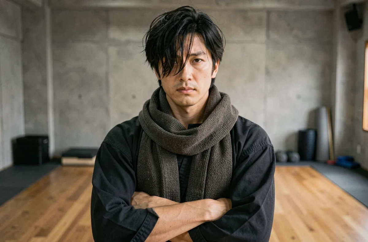 Professeur d'arts martiaux japonais au regard intense portant une longue écharpe noire dans un dojo traditionnel, illustrant le personnage Aizawa de My Hero Academia
