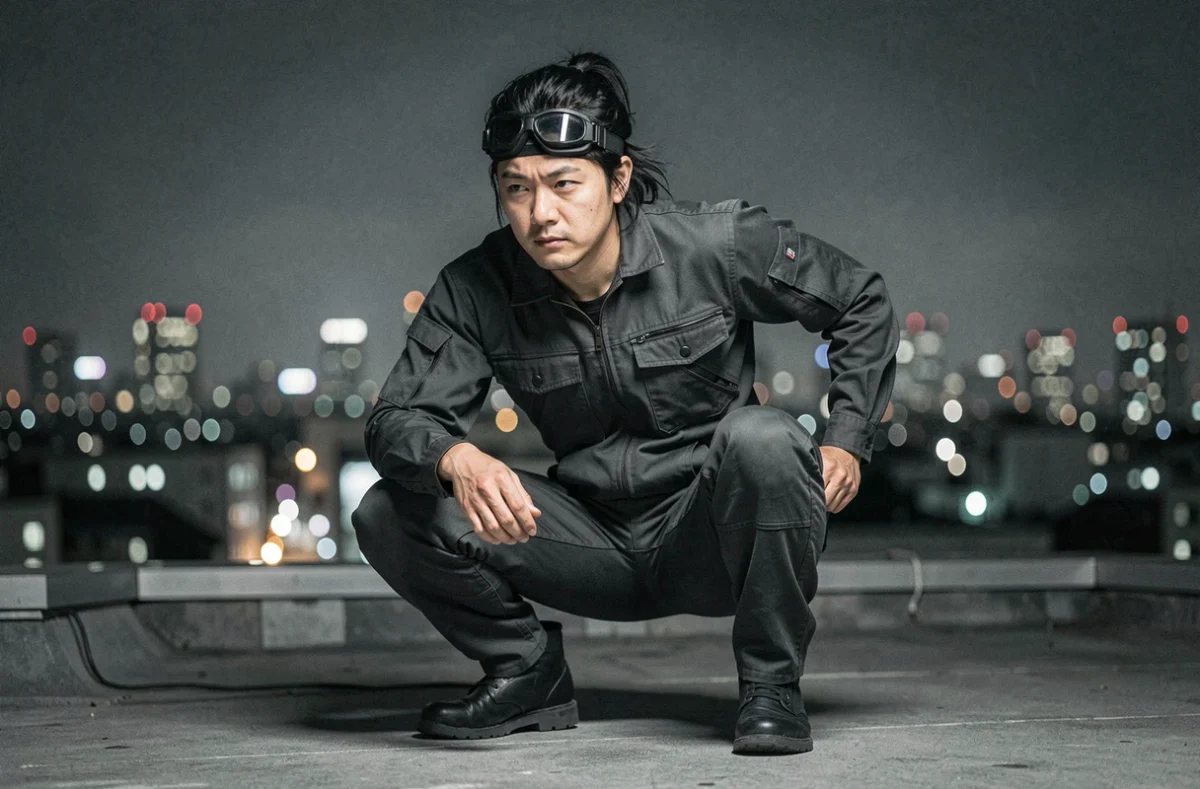 Professionnel japonais en tenue tactique noire accroupi en position défensive sur un toit nocturne avec horizon urbain, évoquant les limites et faiblesses du quirk d'Aizawa dans My Hero Academia