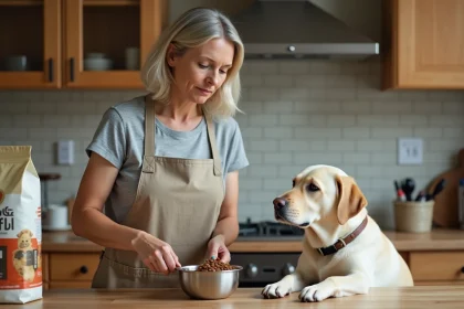 Femme mesurant la ration alimentaire d'un chien stérilisé dans un bol en acier inoxydable dans une cuisine moderne