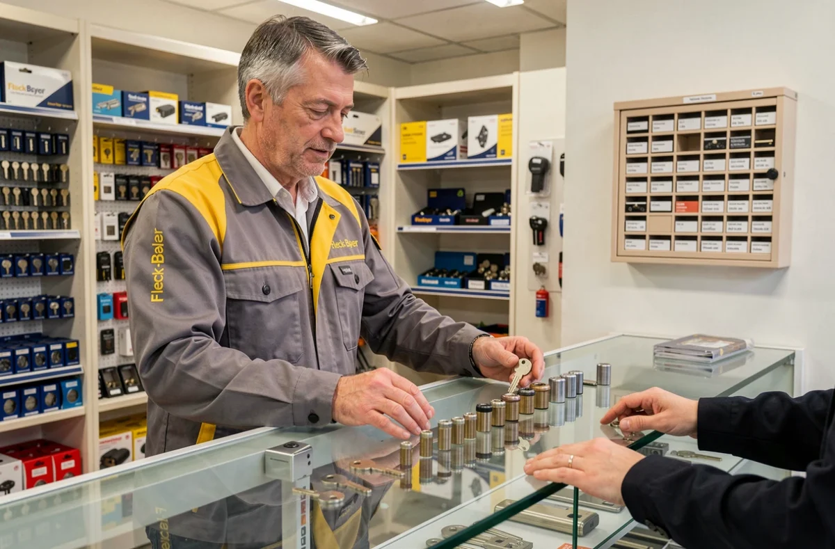 Serrurier d'Alsa Clés Fleck-Beyer présentant des clés de sécurité dans sa boutique alsacienne