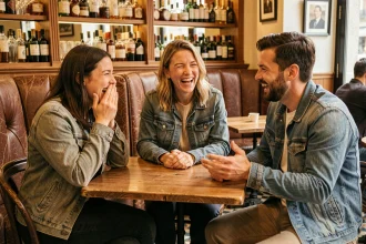 Groupe d'amis adultes hilares autour d'une table de bistrot parisien en train d'échanger des blagues