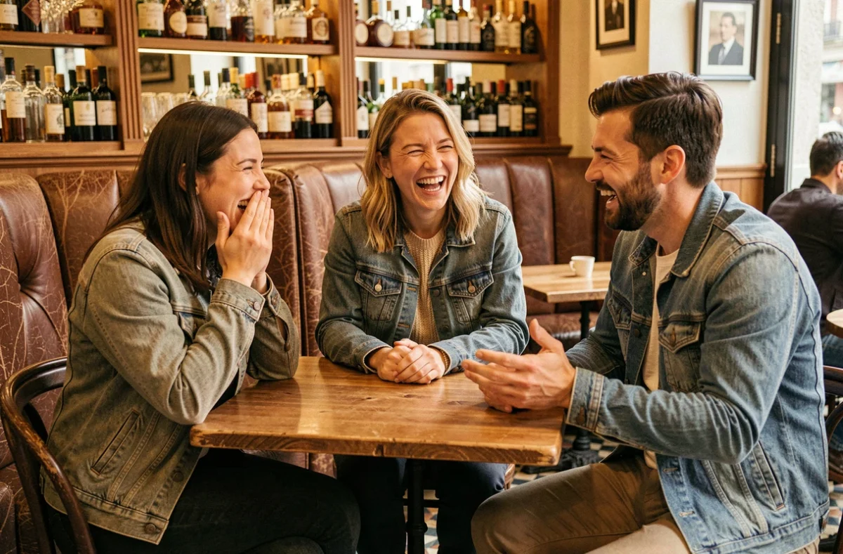 Groupe d'amis adultes hilares autour d'une table de bistrot parisien en train d'échanger des blagues