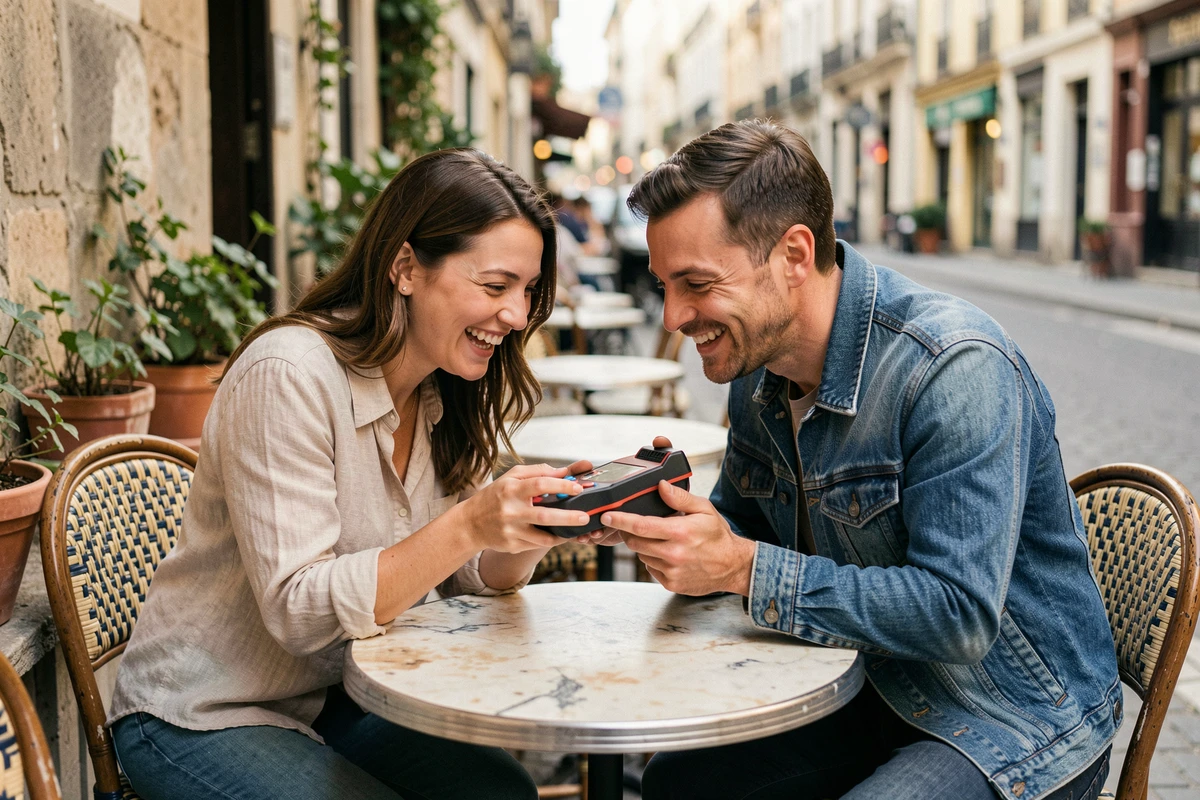 Deux amis partageant une console portable retrogaming arcade en terrasse de café dans une ambiance nostalgique