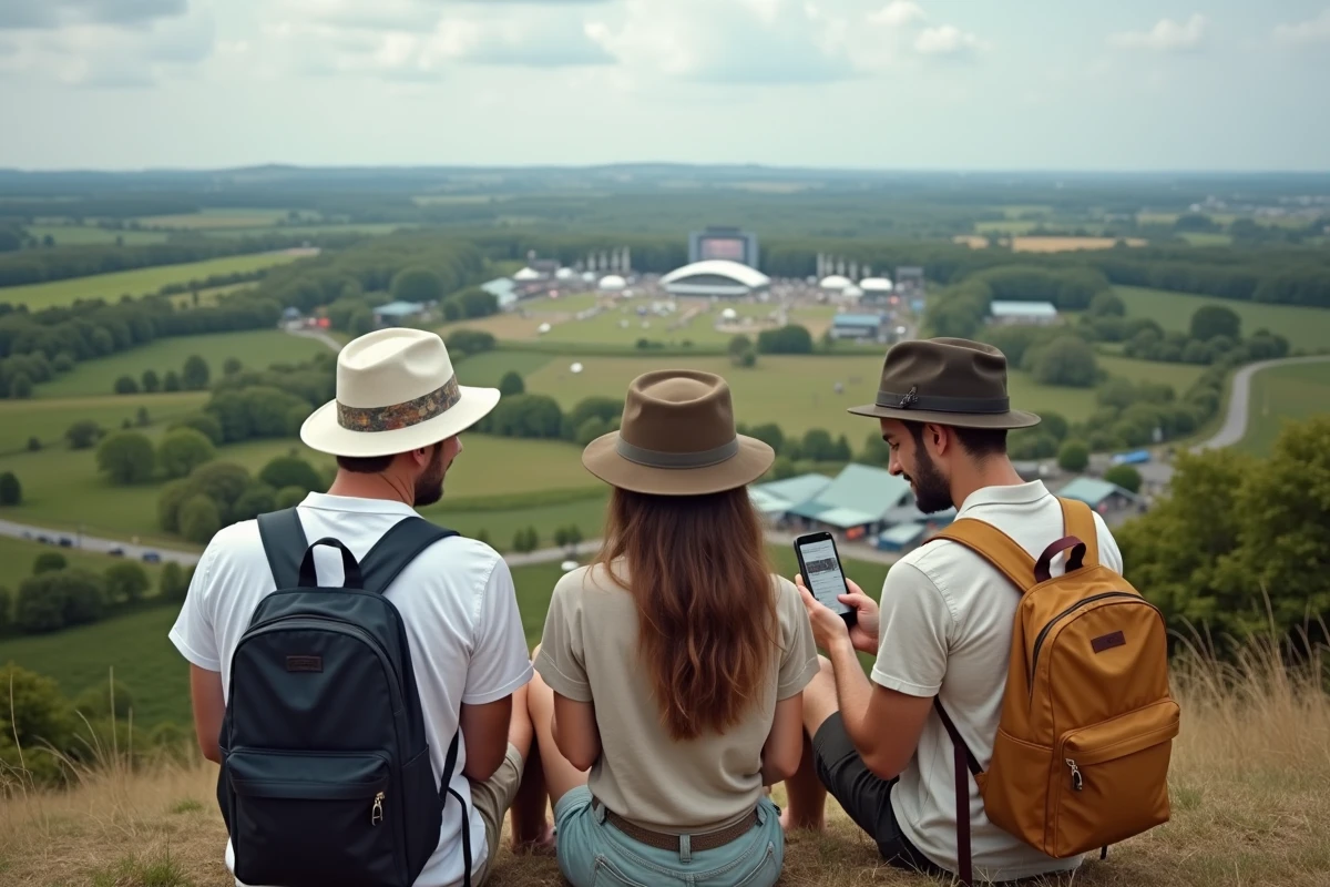 Groupe d'amis assis sur une colline découvrant les rumeurs de programmation des Vieilles Charrues 2026 sur un smartphone, vue panoramique du site du festival en arrière-plan