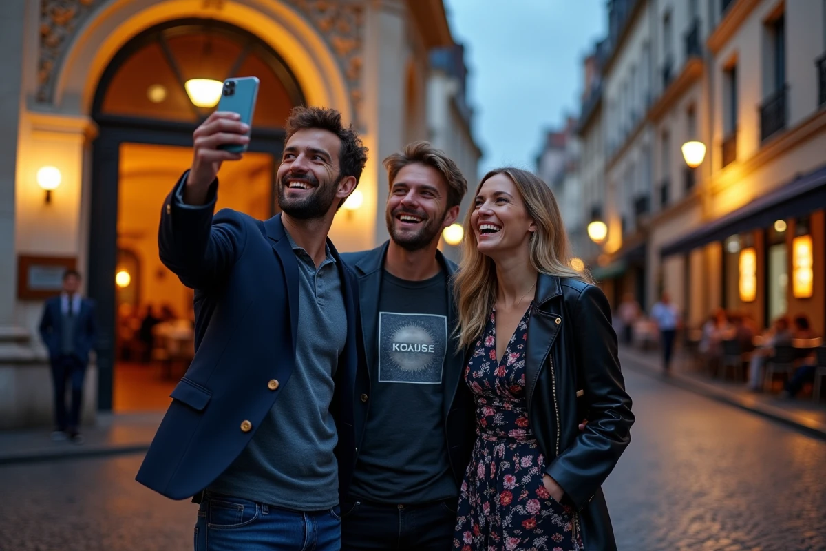Groupe d'amis devant une salle de concert historique de Lyon avant une soirée spectacle
