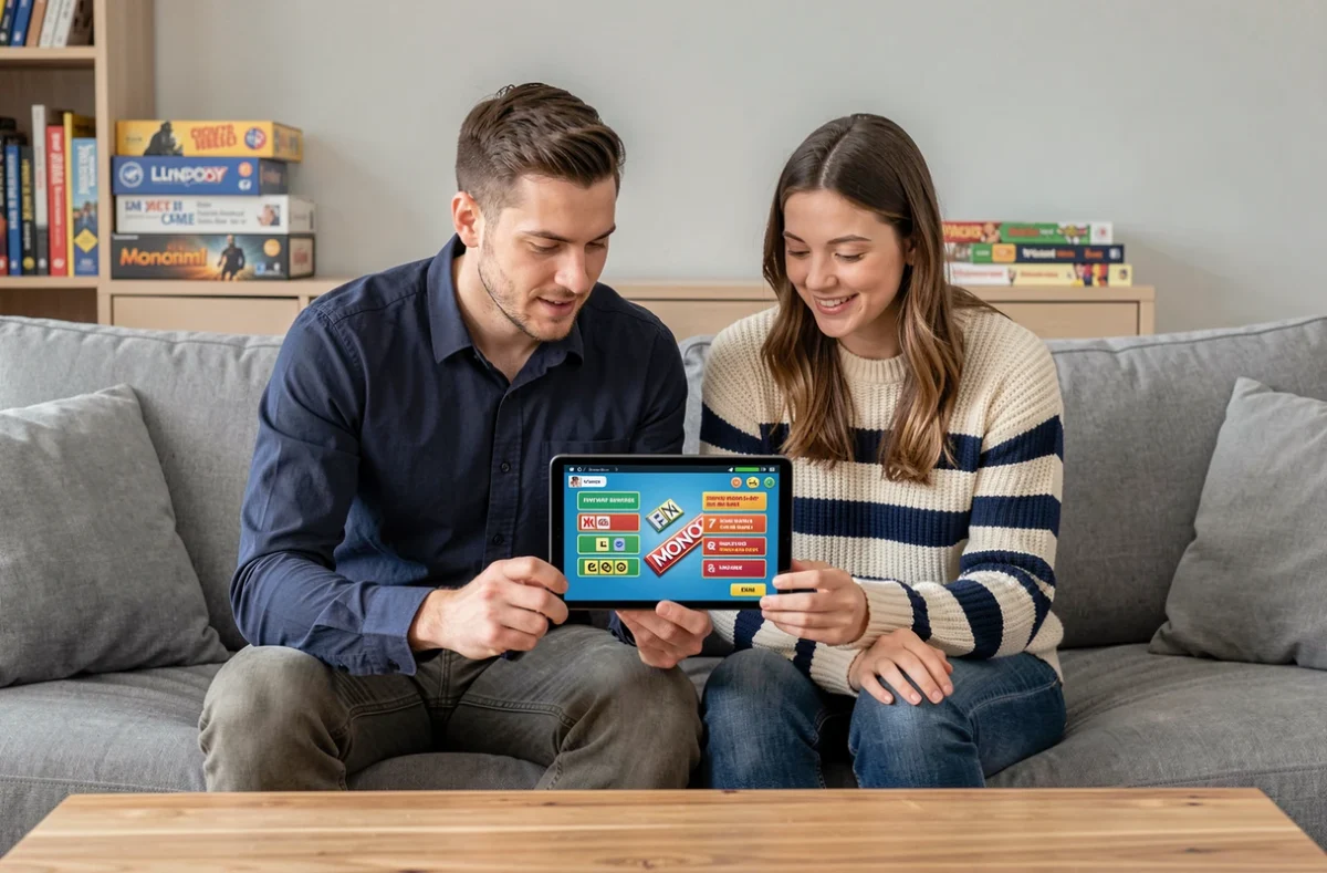 Deux amis jouant à Monopoly GO sur une tablette et consultant un code récompense Club des magnats