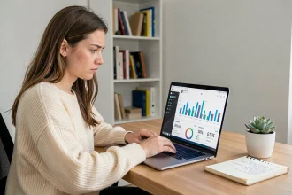 Jeune femme analysant les statistiques Instagram Story sur son MacBook dans un bureau minimaliste