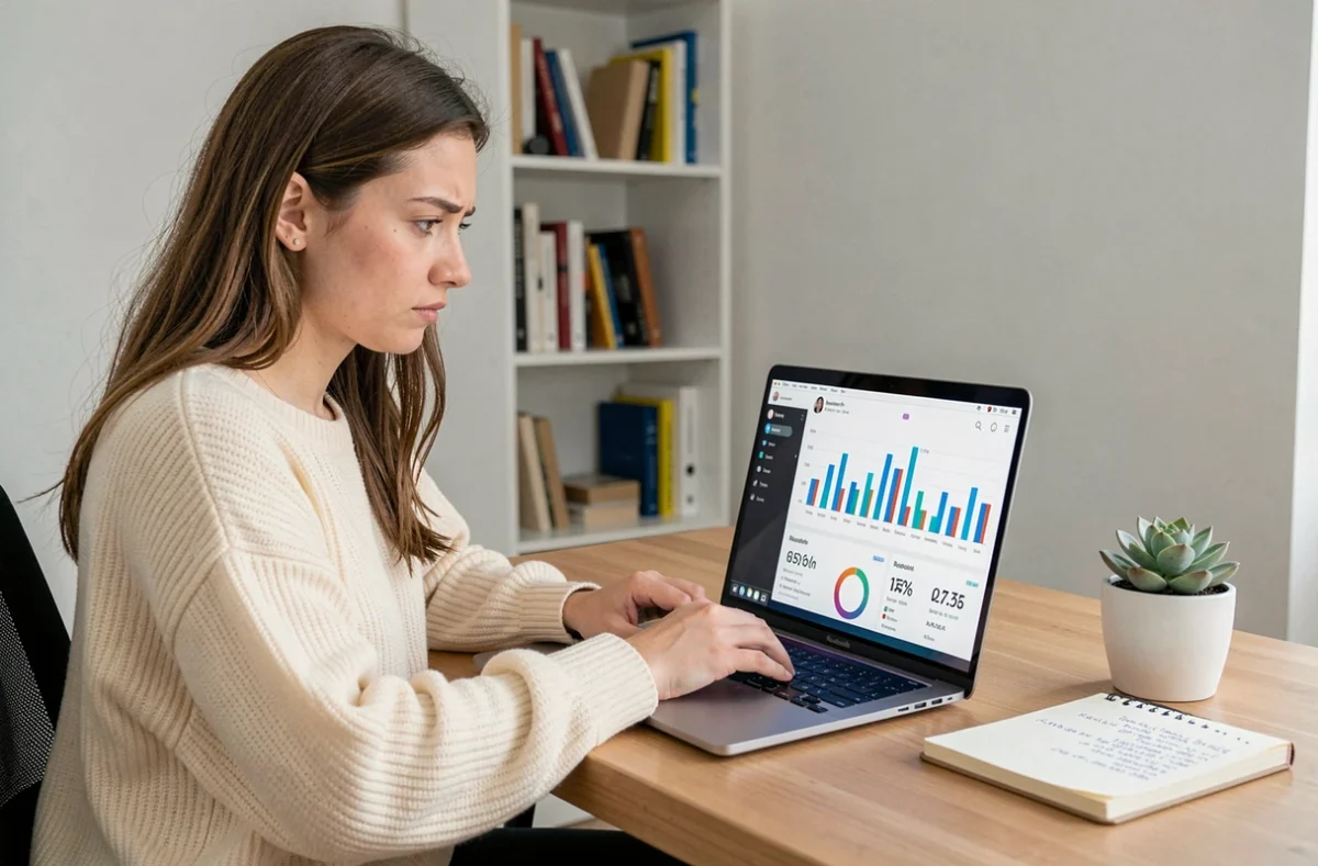Jeune femme analysant les statistiques Instagram Story sur son MacBook dans un bureau minimaliste