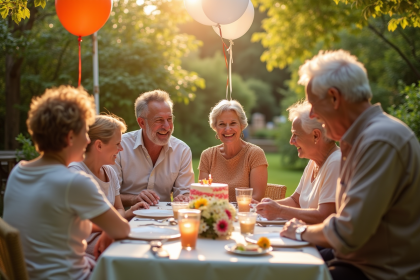 Famille multigenerations célébrant un anniversaire 70 ans dans un jardin