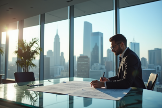 Architecte confiant dans un bureau moderne avec vue sur la ville