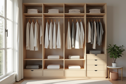 Armoire minimaliste avec vêtements neutres et lumière naturelle