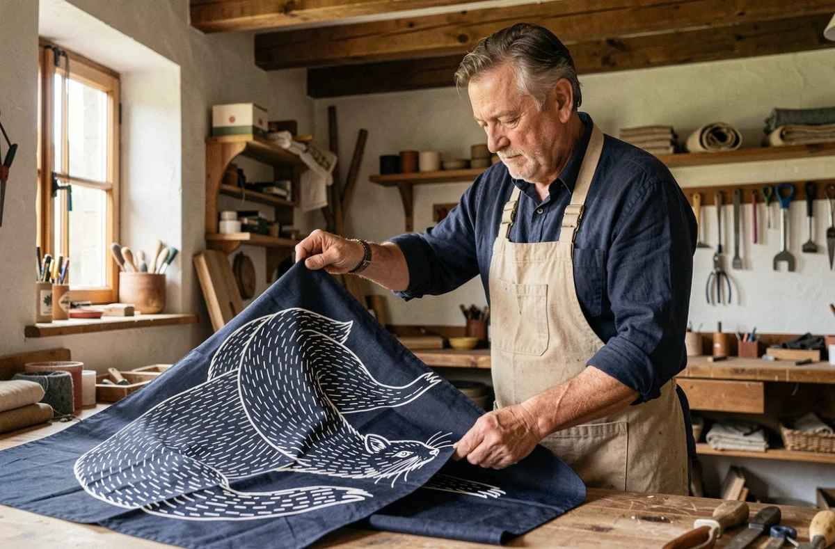 Artisan breton âgé examinant les détails d'un drapeau Gwenn-ha-Du dans son atelier traditionnel en bois