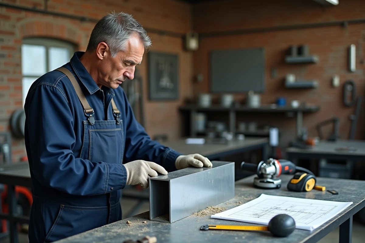 Artisan métallier mesurant un tube aluminium rectangulaire dans un atelier industriel pour fabrication de garde-corps