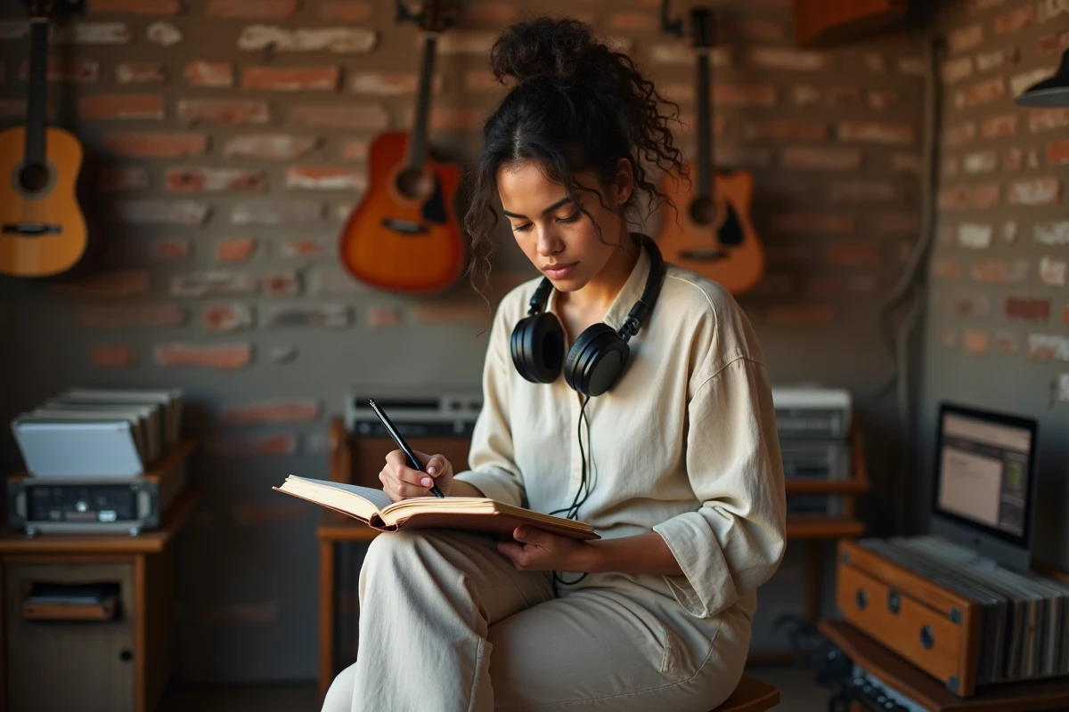Femme artiste brésilienne en studio avec carnet et écouteurs