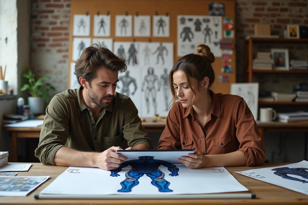 Artistes conceptuels en costumes et effets visuels travaillant sur les designs de super-héros dans un atelier créatif