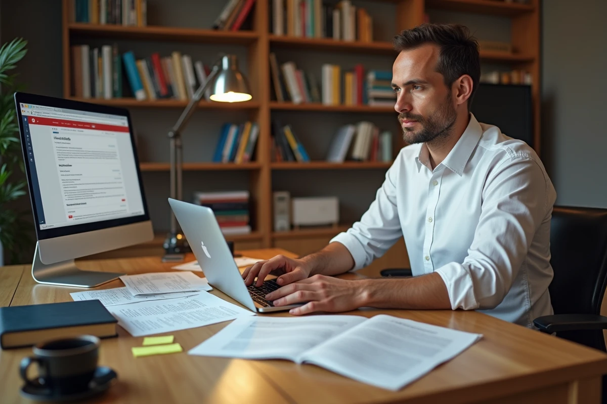 Auteur indépendant enregistrant un ISBN en ligne sur son ordinateur portable dans un bureau à domicile