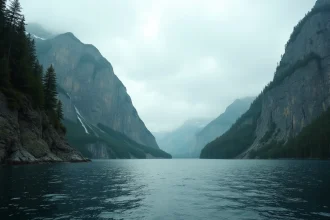 Vue panoramique de la baie Lituya en Alaska avec falaises granitiques abruptes et forêt de conifères illustrant le site du mégatsunami de 1958