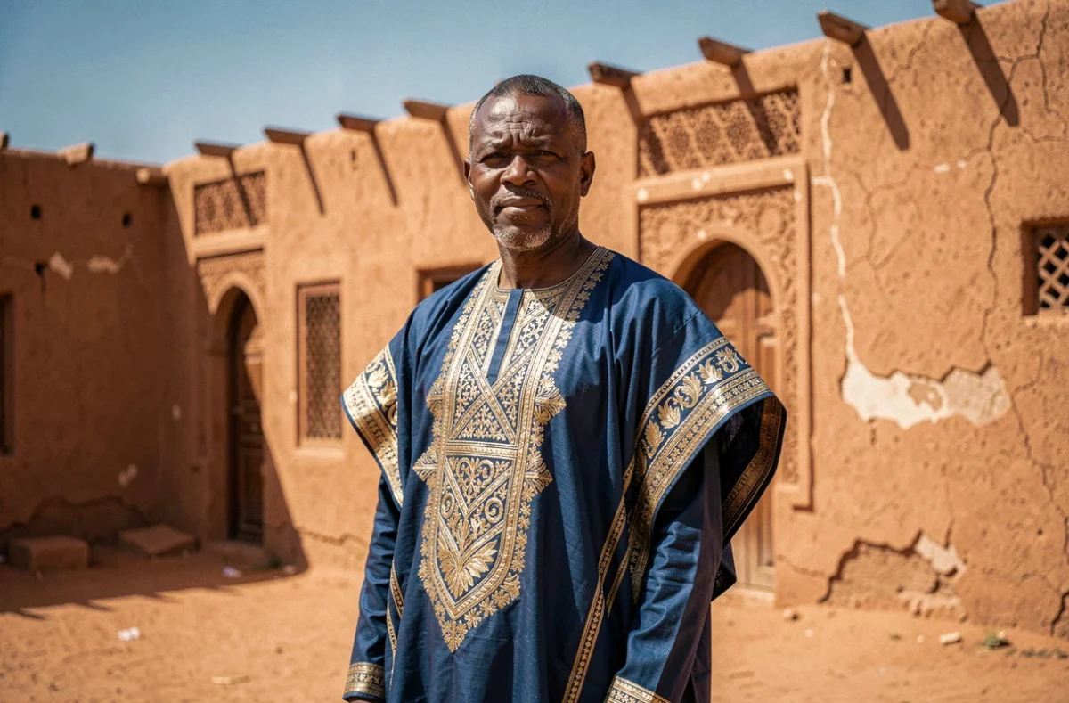 Homme en boubou traditionnel devant une mosquée en terre cuite à Bamako, capitale du Mali, symbole de l'architecture et de la culture des grands pays africains