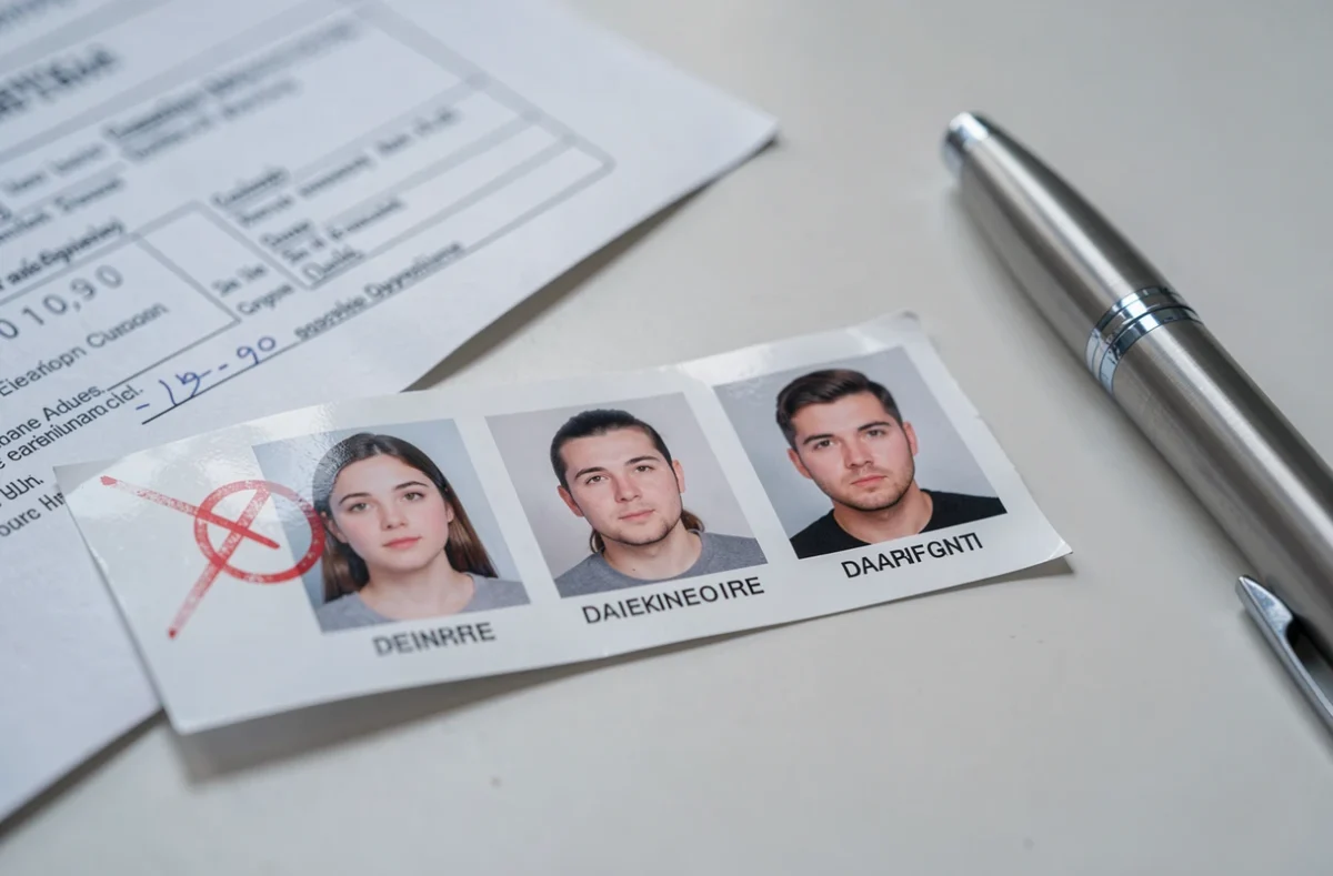Bande de quatre photos d'identité imprimées par photomaton avec une photo refusée marquée d'une croix rouge