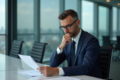 Manager bancaire en costume dans un bureau moderne