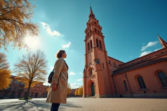 Basilique Saint-Sernin de Toulouse vue en contre-plongée avec une touriste consultant une carte devant la façade romane en brique rose