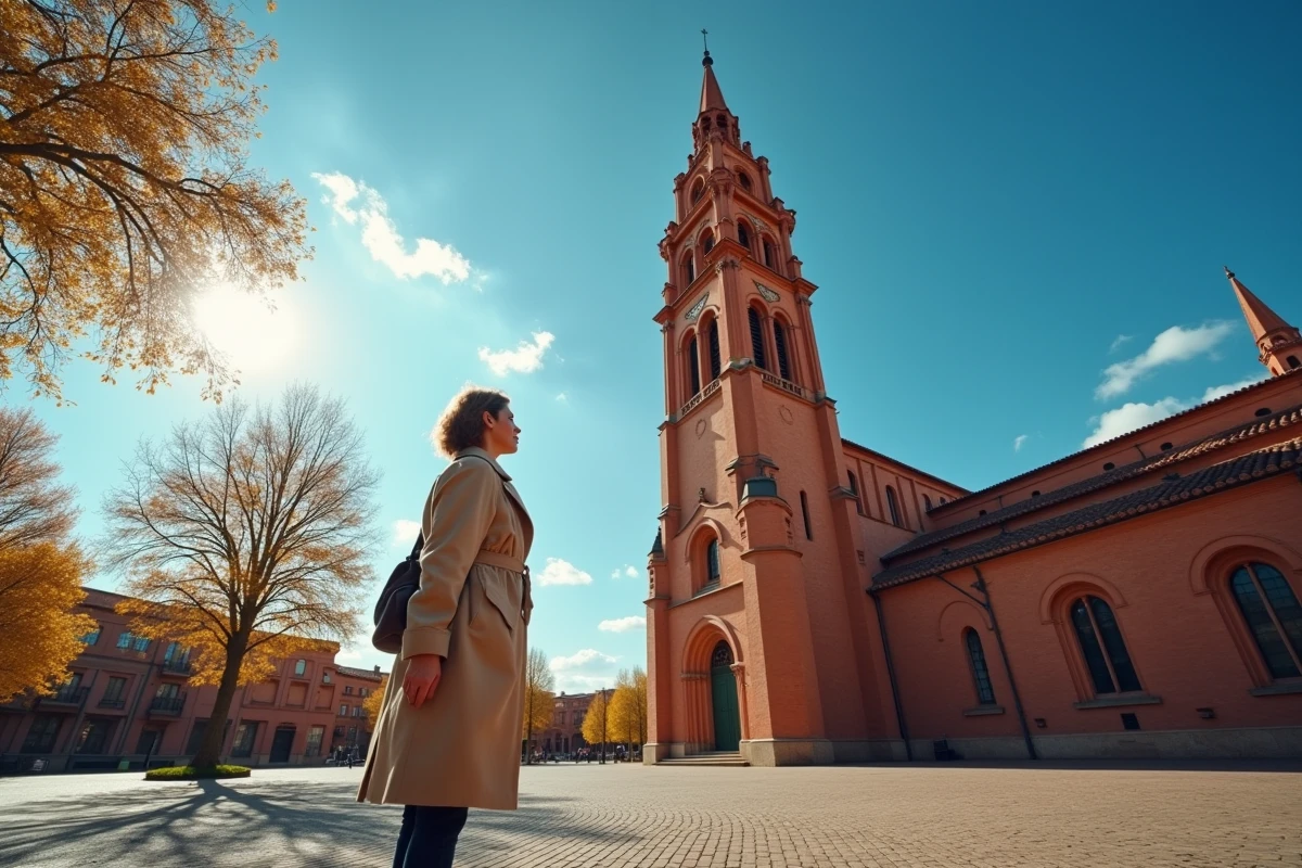 Basilique Saint-Sernin de Toulouse vue en contre-plongée avec une touriste consultant une carte devant la façade romane en brique rose