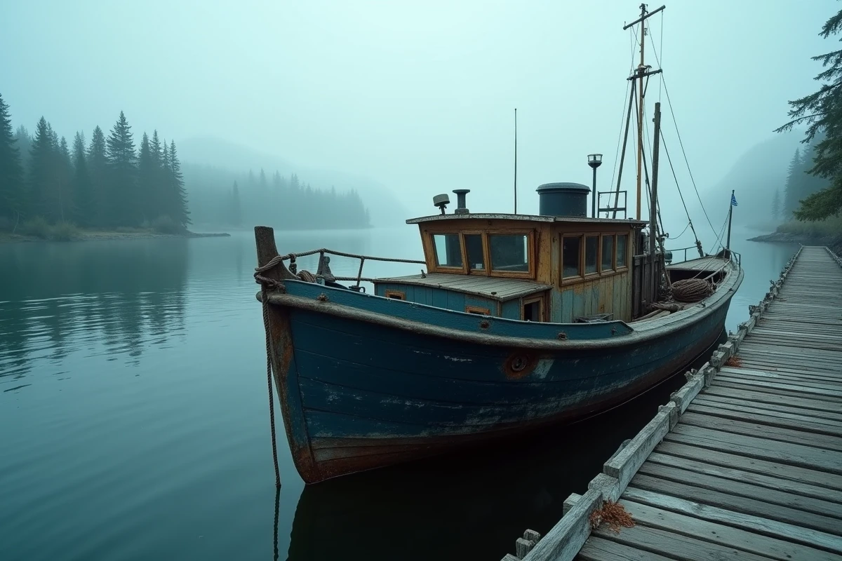 Vieux bateau de pêche amarré dans un port isolé d'Alaska évoquant les embarcations présentes lors du mégatsunami de la baie Lituya en 1958