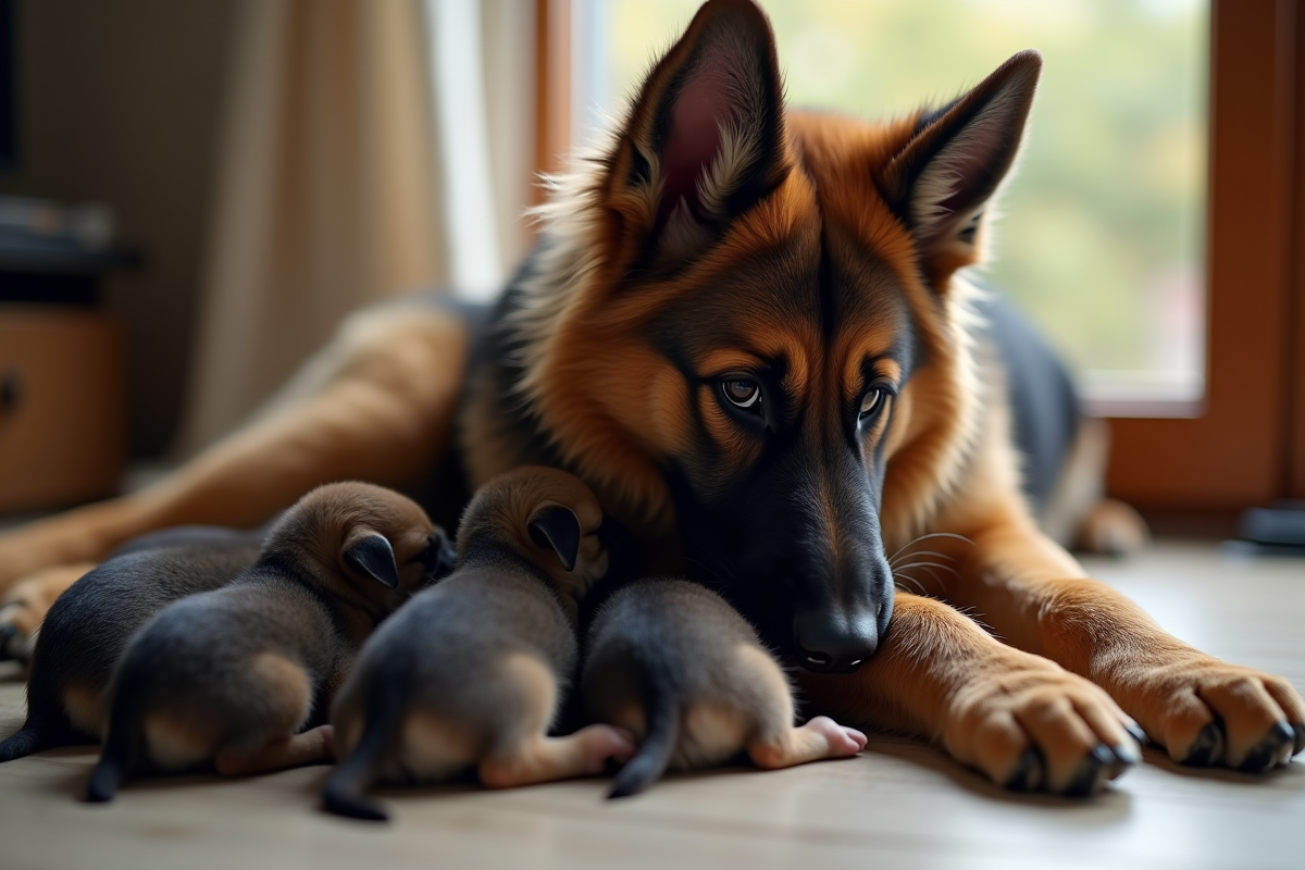 Mère berger allemand nourrissant ses chiots nouveau-nés en intérieur