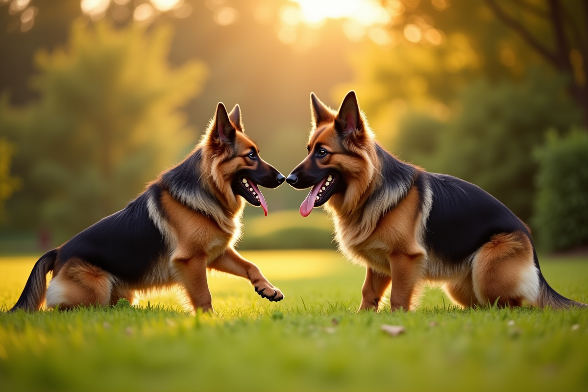 Deux bergers allemands jouant dans un jardin en fin d