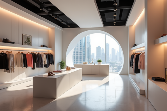 Intérieur d'une boutique de luxe futuriste avec design minimaliste