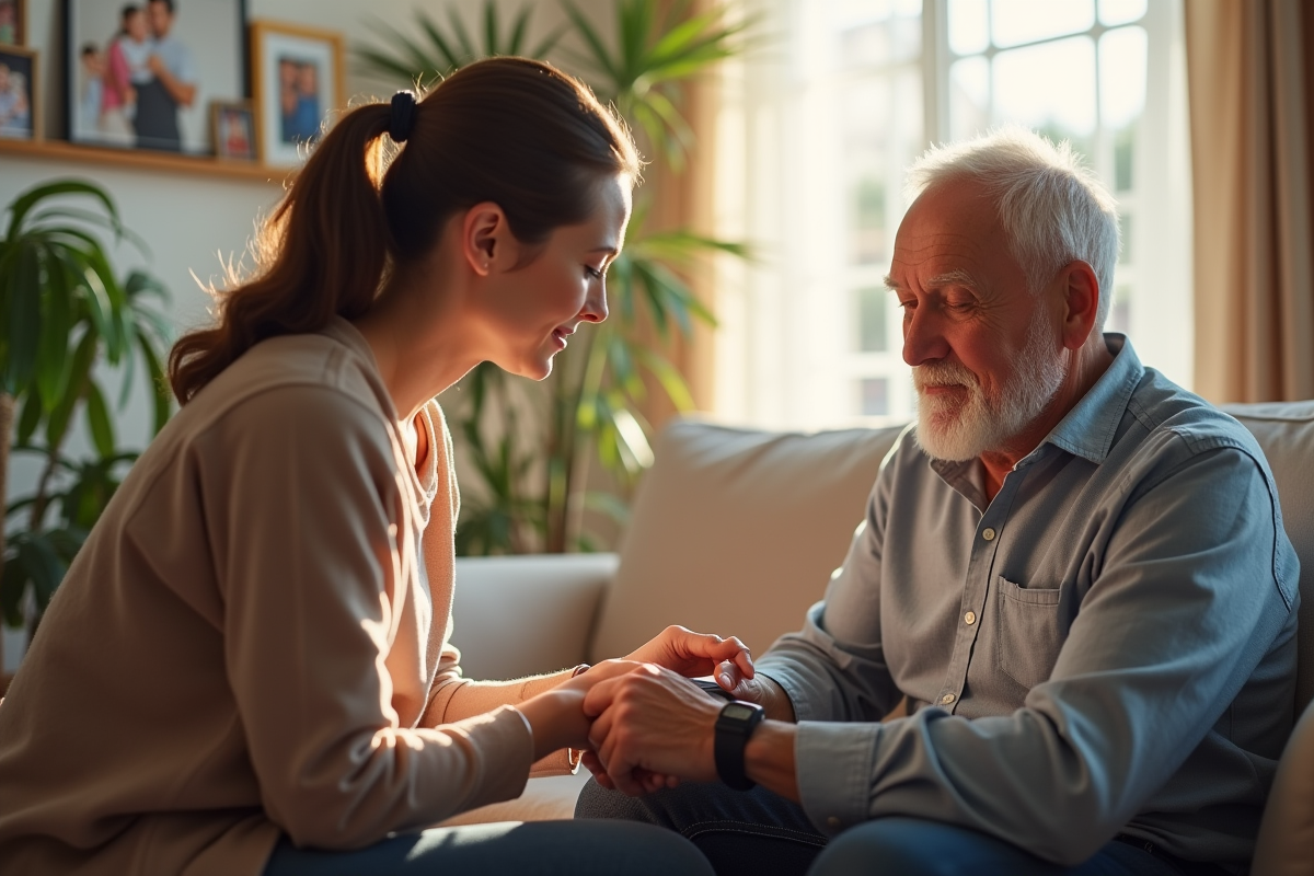 Femme posant un bracelet medical a un homme age dans un salon ensoleille