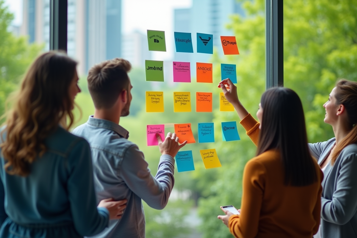 Session de brainstorming marketing en plein air avec notes colorées