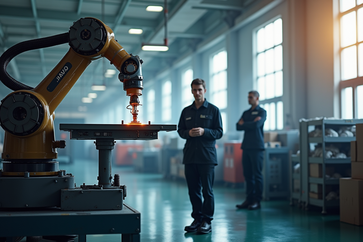 Bras robotique manipulant une machine dans une usine lumineuse