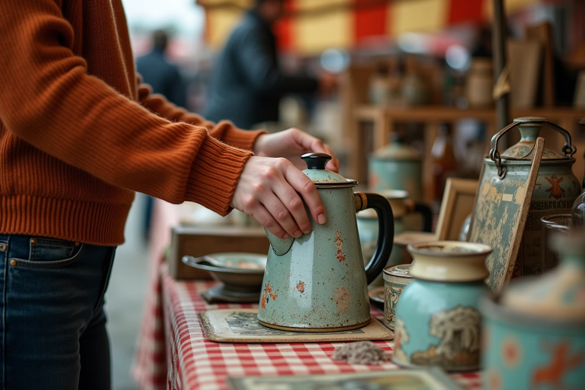 Gros plan sur une chineure inspectant une cafetière émaillée vintage sur un stand de brocante avec objets rétro et vaisselle ancienne