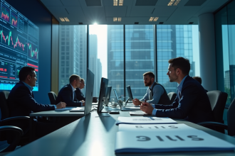 Intérieur moderne d une banque avec analystes et écrans financiers