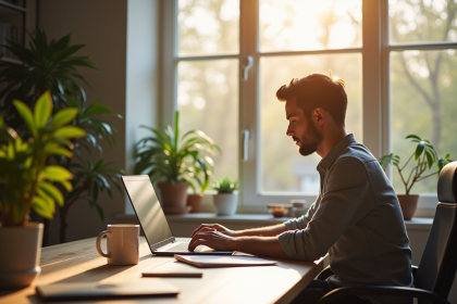 Espace de travail moderne avec jeune professionnel et plantes