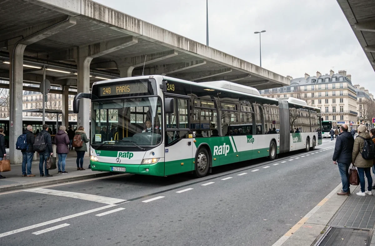 Bus 249 de la RATP arrivant à un terminus parisien avec des voyageurs sur le quai