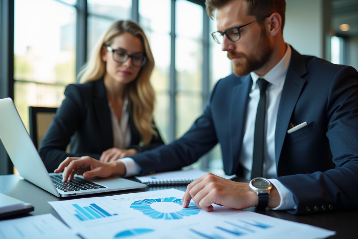 Professionnels analysant des graphiques financiers en réunion