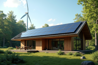 Cabane moderne hors réseau avec panneaux solaires dans la forêt